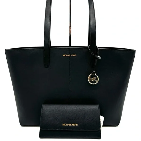 Michael Kors Medium Jet Set Travel Zip Tote Bag & Trifold Wallet Black/Gold
